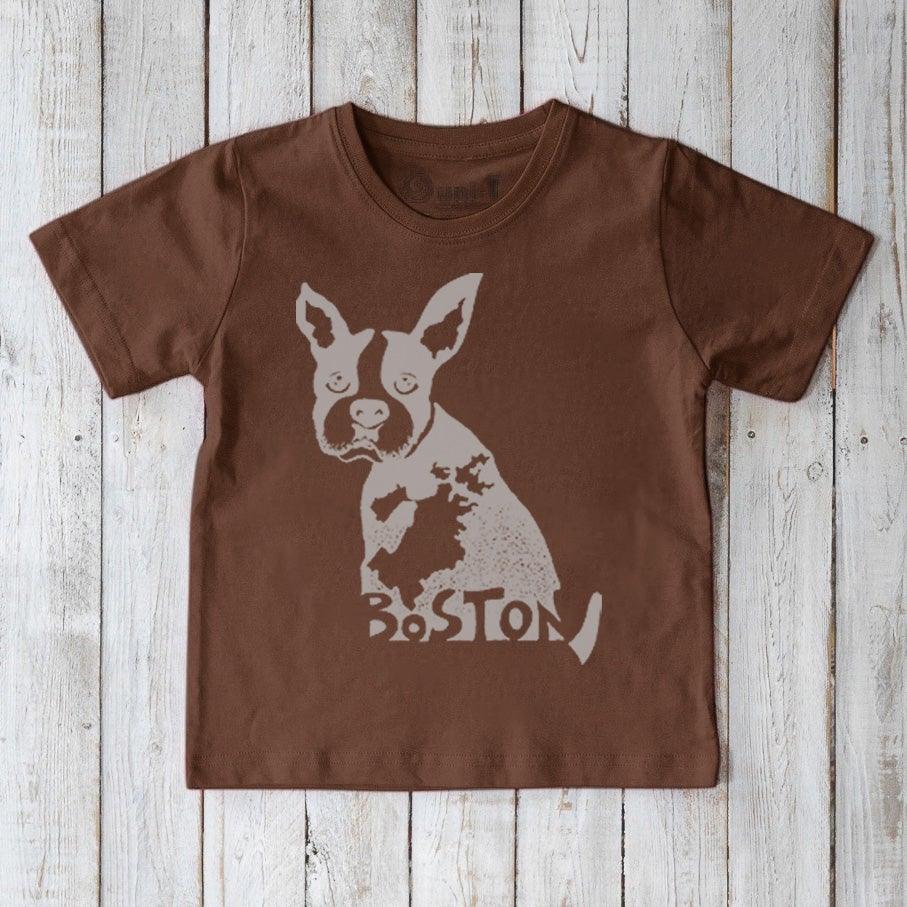 Brown Kids' Boston Terrier Organic Cotton T-Shirt with light puppy graphic and 'Boston' text, eco-friendly and stylish dog-themed shirt for kids.