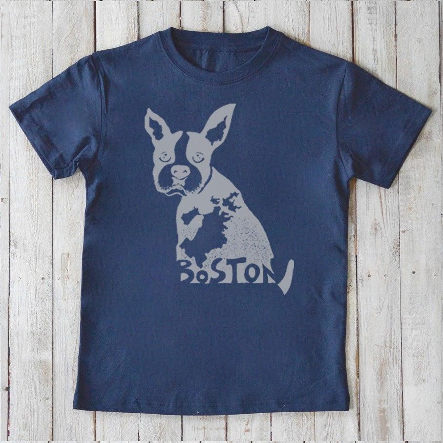 Navy blue Kids' Boston Terrier Organic Cotton T-Shirt with light puppy graphic and 'Boston' text, eco-friendly dog lover shirt for stylish kids.