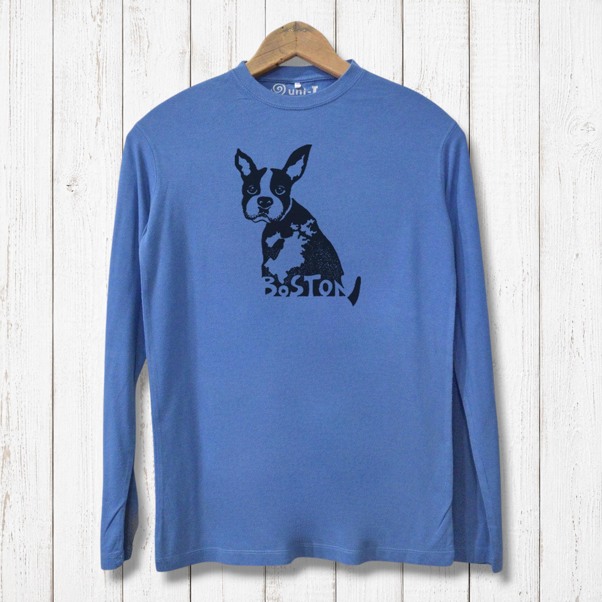 Men's Boston Terrier Tee in blue made from bamboo and organic cotton, featuring a black Boston Terrier graphic and 'Boston' text on chest.