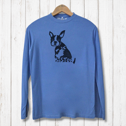 Men's Boston Terrier Tee in blue made from bamboo and organic cotton, featuring a black Boston Terrier graphic and 'Boston' text on chest.