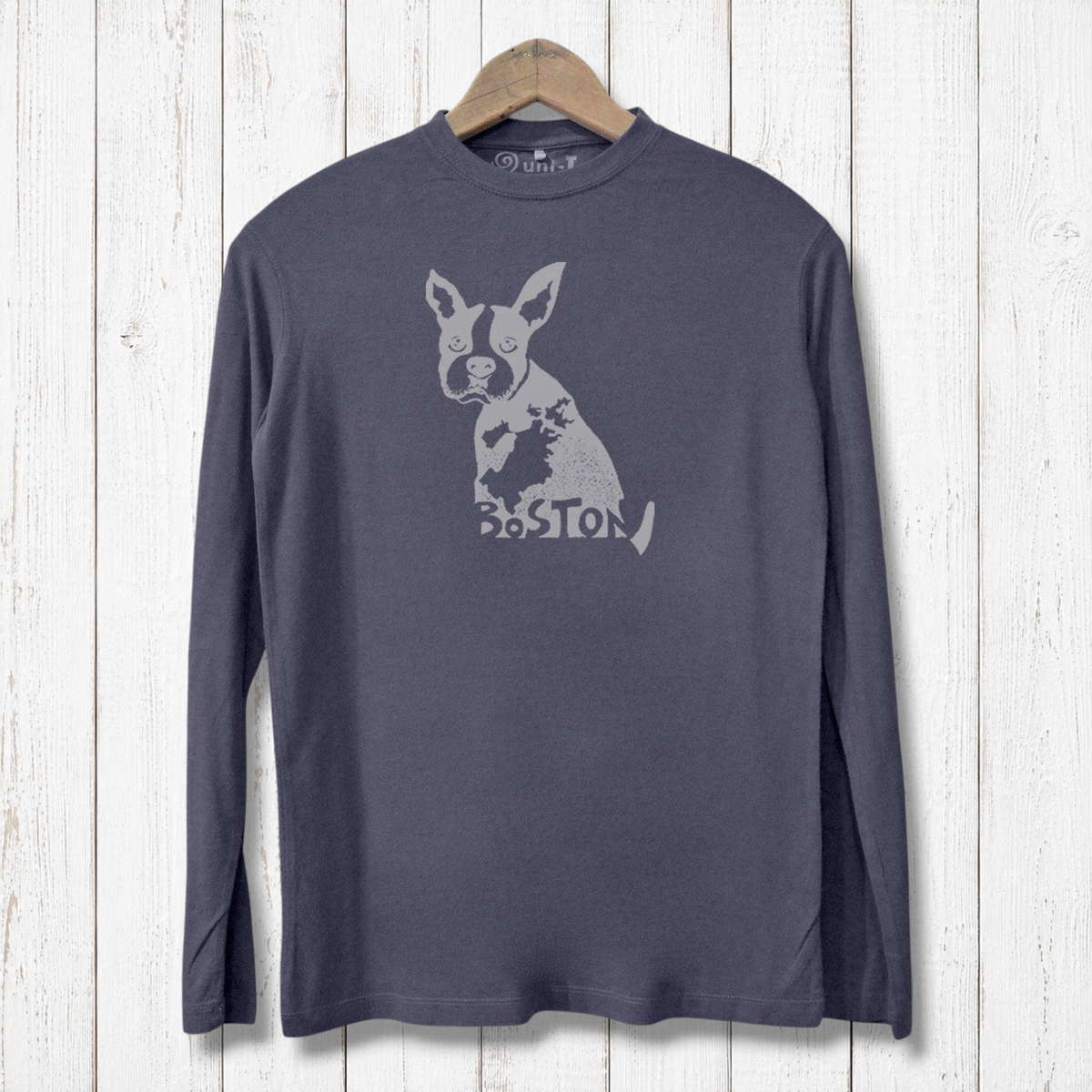 Eco-friendly men's long sleeve Boston Terrier shirt in charcoal, crafted from bamboo and organic cotton with light grey dog graphic print.