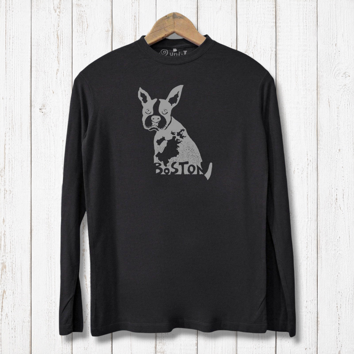Sustainable black long sleeve men's tee with Boston Terrier design, made from bamboo and organic cotton for dog lovers and city pride.