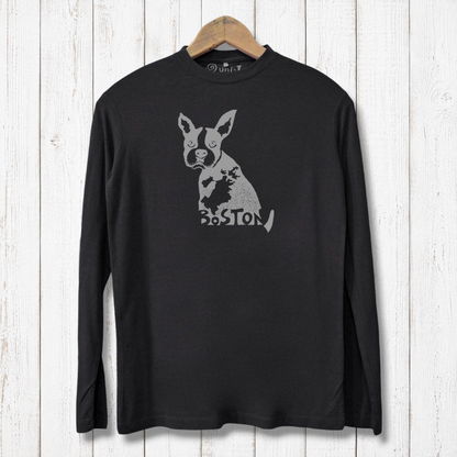 Sustainable black long sleeve men's tee with Boston Terrier design, made from bamboo and organic cotton for dog lovers and city pride.
