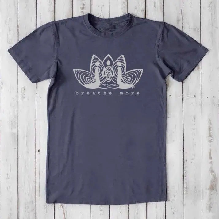 Men's Meditation T-Shirt in Bamboo & Organic Cotton in slate blue with 'Breathe More' lotus graphic. Classic fit mindfulness tee for yoga or relaxation.