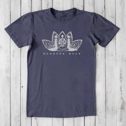 Men's Meditation T-Shirt in Bamboo & Organic Cotton in slate blue with 'Breathe More' lotus graphic. Classic fit mindfulness tee for yoga or relaxation.