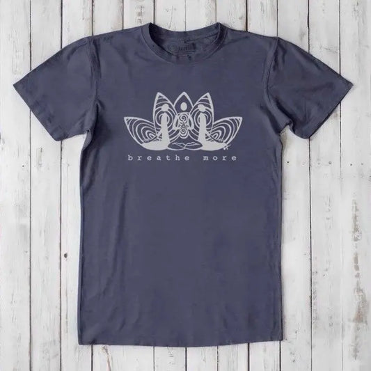 Men's Meditation T-Shirt in Bamboo & Organic Cotton in slate blue with 'Breathe More' lotus graphic. Classic fit mindfulness tee for yoga or relaxation.