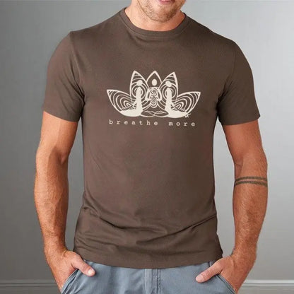 Brown 'Breathe More' Men's Bamboo & Organic Cotton T-Shirt featuring a lotus meditation graphic. Ideal gift for mindfulness and yoga lovers.