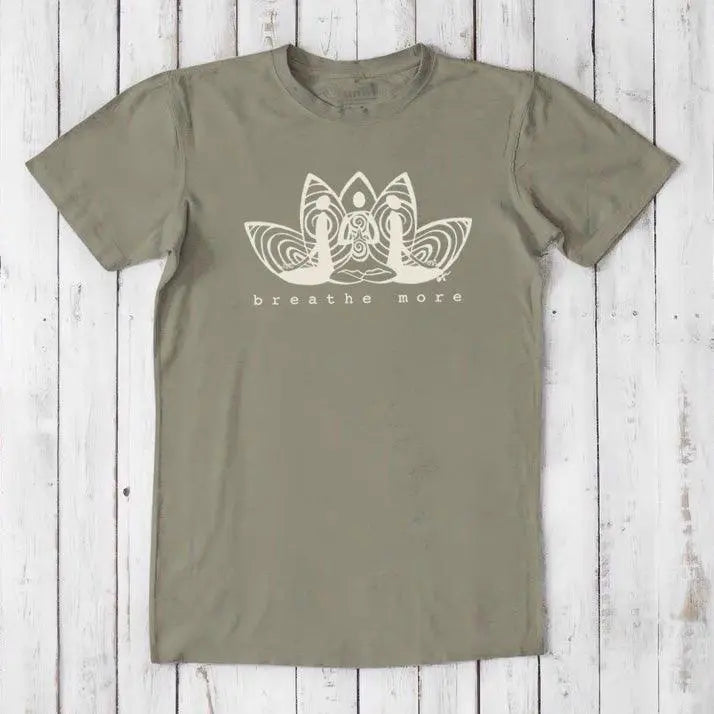 Olive green Men's Bamboo & Organic Cotton T-Shirt with 'Breathe More' lotus design. Sustainable yoga and relaxation wear for men.