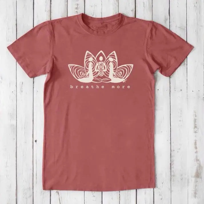 Red clay colored Men's Meditation T-Shirt in soft bamboo and organic cotton. Features 'Breathe More' graphic for mindfulness and calm.