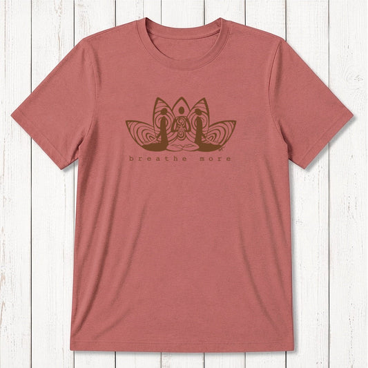 Red clay colored Men's Meditation T-Shirt in soft bamboo and organic cotton. Features 'Breathe More' graphic for mindfulness and calm.