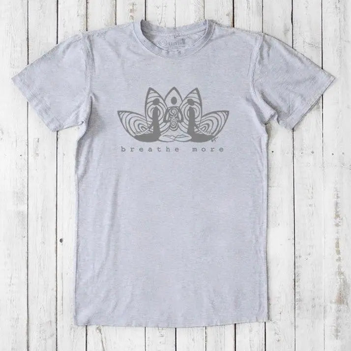 Heather gray Men's Bamboo & Organic Cotton T-Shirt with 'Breathe More' lotus print. Eco-friendly classic fit tee for meditation and yoga.