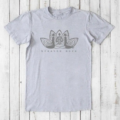 Heather gray Men's Bamboo & Organic Cotton T-Shirt with 'Breathe More' lotus print. Eco-friendly classic fit tee for meditation and yoga.