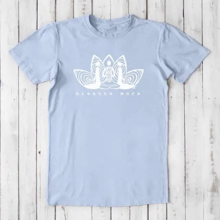 Light blue Men's Bamboo & Organic Cotton T-Shirt with white 'Breathe More' graphic. Relaxed fit mindfulness tee for yoga and wellness.