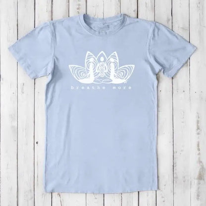 Light blue Men's Bamboo & Organic Cotton T-Shirt with white 'Breathe More' graphic. Relaxed fit mindfulness tee for yoga and wellness.