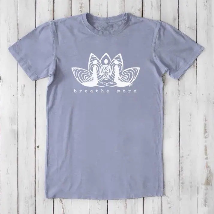 Slate lavender Men's Meditation T-Shirt made from bamboo and organic cotton. Features calming 'Breathe More' lotus design for yoga practice.