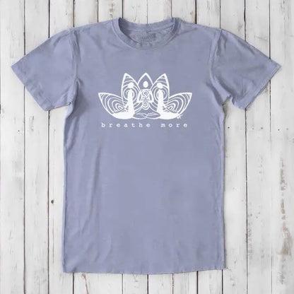 Slate lavender Men's Meditation T-Shirt made from bamboo and organic cotton. Features calming 'Breathe More' lotus design for yoga practice.