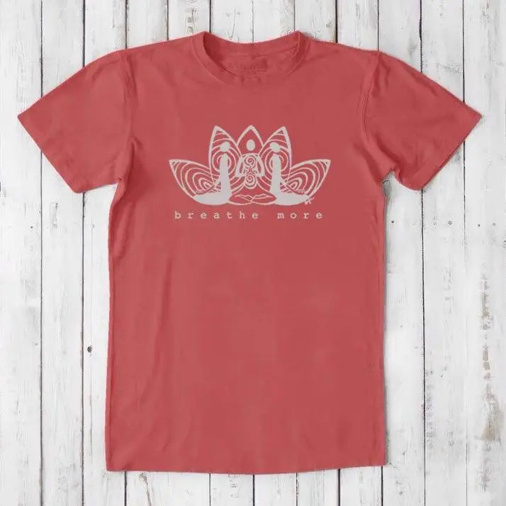 Coral red Men's Bamboo & Organic Cotton T-Shirt with 'Breathe More' lotus artwork. Sustainable gift for mindfulness and relaxation.