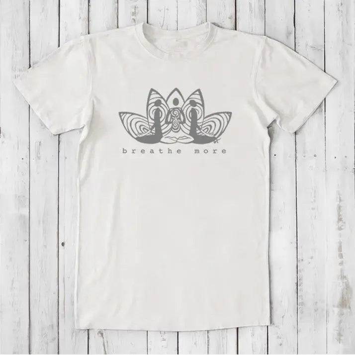 White Men's Meditation T-Shirt in bamboo and organic cotton with gray 'Breathe More' lotus design. Mindful gift for yoga and calm lifestyle.