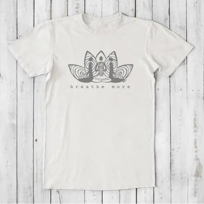 White Men's Meditation T-Shirt in bamboo and organic cotton with gray 'Breathe More' lotus design. Mindful gift for yoga and calm lifestyle.
