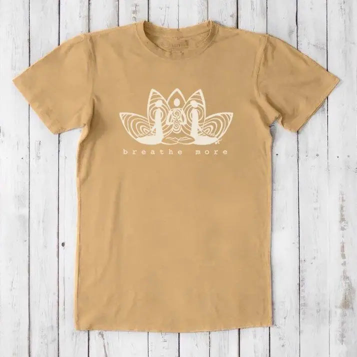 Mustard yellow Men's Meditation T-Shirt in bamboo and organic cotton with 'Breathe More' graphic. Eco-conscious gift for yoga and wellness.