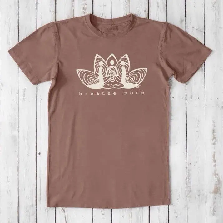 Light brown Men's Bamboo & Organic Cotton T-Shirt featuring 'Breathe More' lotus design. Classic fit tee for mindfulness and yoga sessions.