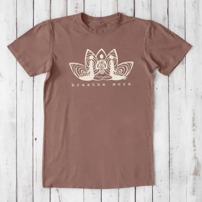 Light brown Men's Bamboo & Organic Cotton T-Shirt featuring 'Breathe More' lotus design. Classic fit tee for mindfulness and yoga sessions.
