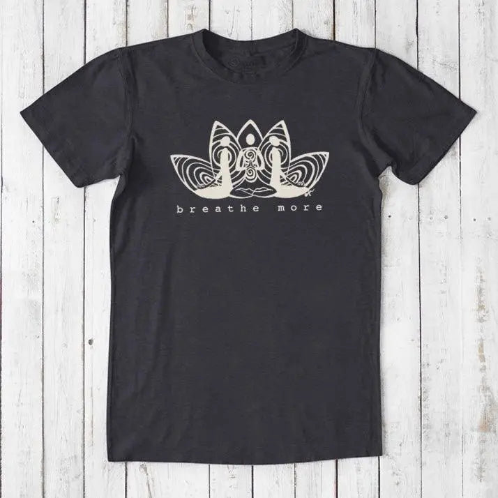 Navy black Men's Bamboo & Organic Cotton T-Shirt with 'Breathe More' lotus graphic. Sustainable classic fit tee for meditation and relaxation.