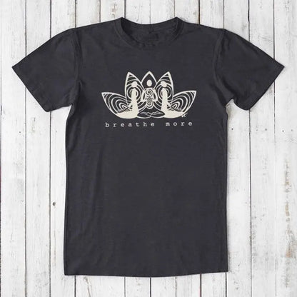 Navy black Men's Bamboo & Organic Cotton T-Shirt with 'Breathe More' lotus graphic. Sustainable classic fit tee for meditation and relaxation.