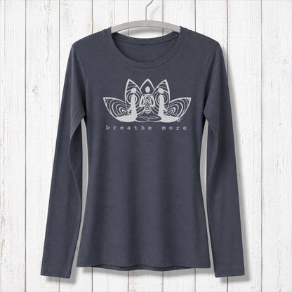 Women's meditation long sleeve T-shirt in navy bamboo and organic cotton with 'Breathe More' lotus graphic. Ideal for yoga and mindfulness wear.