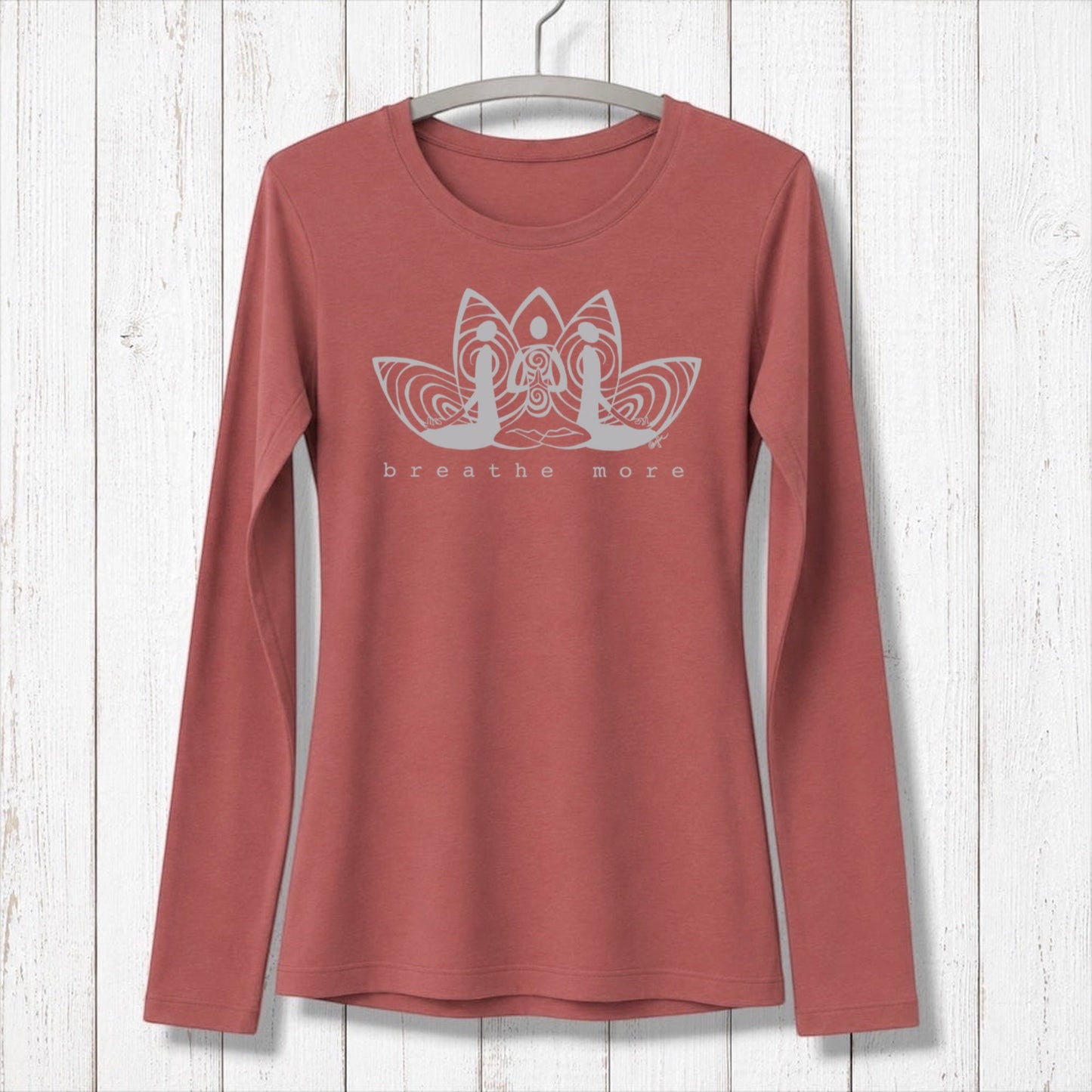 Dark brown women's bamboo and organic cotton long sleeve tee with 'Breathe More' graphic. Soft and stylish for meditation and self-care routines.