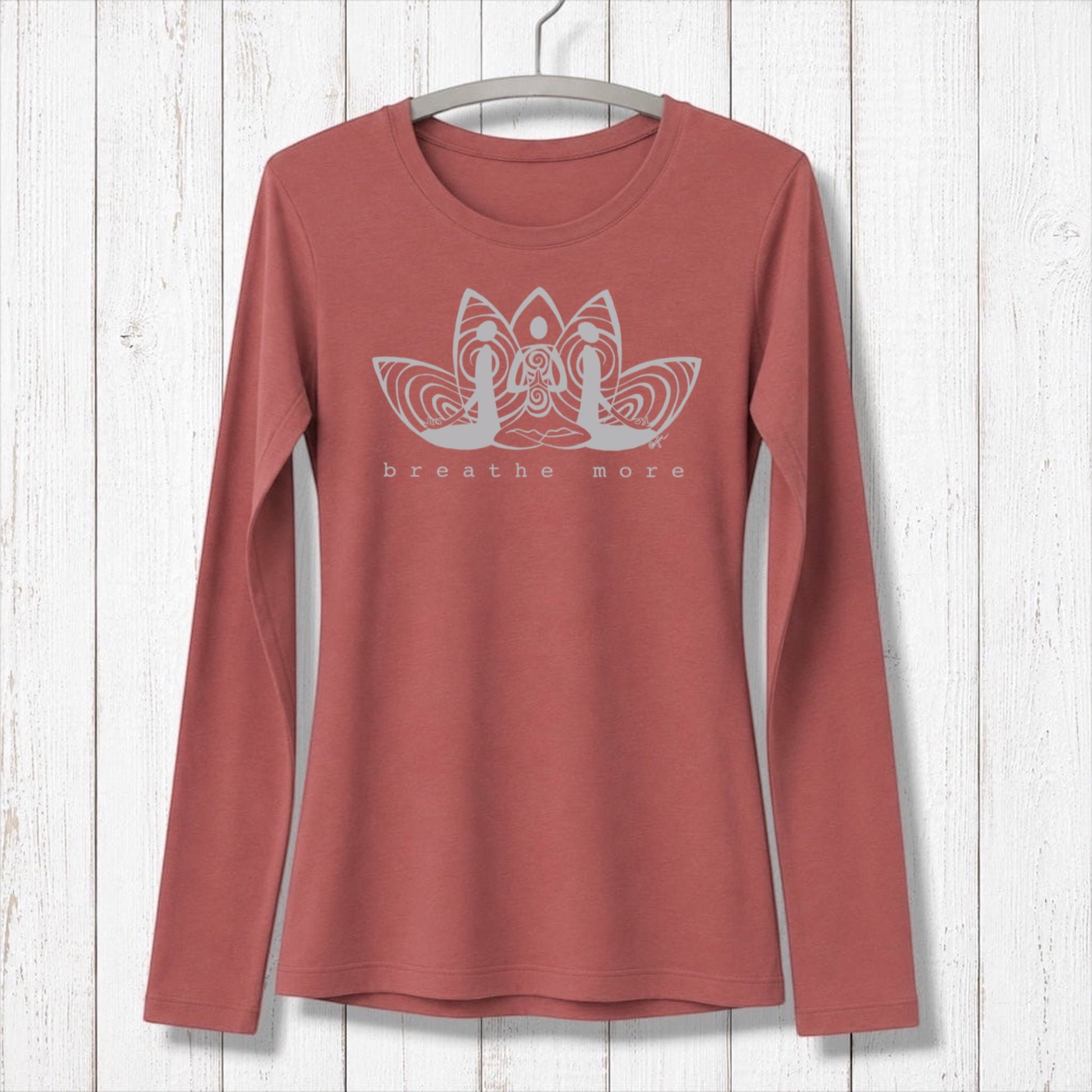 Dark brown women's bamboo and organic cotton long sleeve tee with 'Breathe More' graphic. Soft and stylish for meditation and self-care routines.
