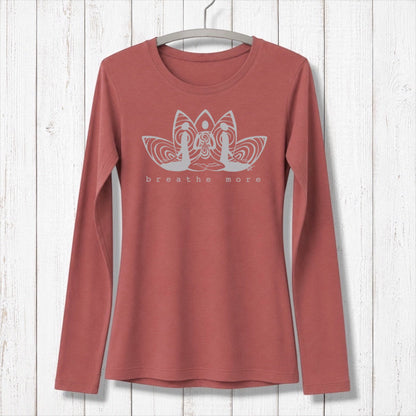 Dark brown women's bamboo and organic cotton long sleeve tee with 'Breathe More' graphic. Soft and stylish for meditation and self-care routines.