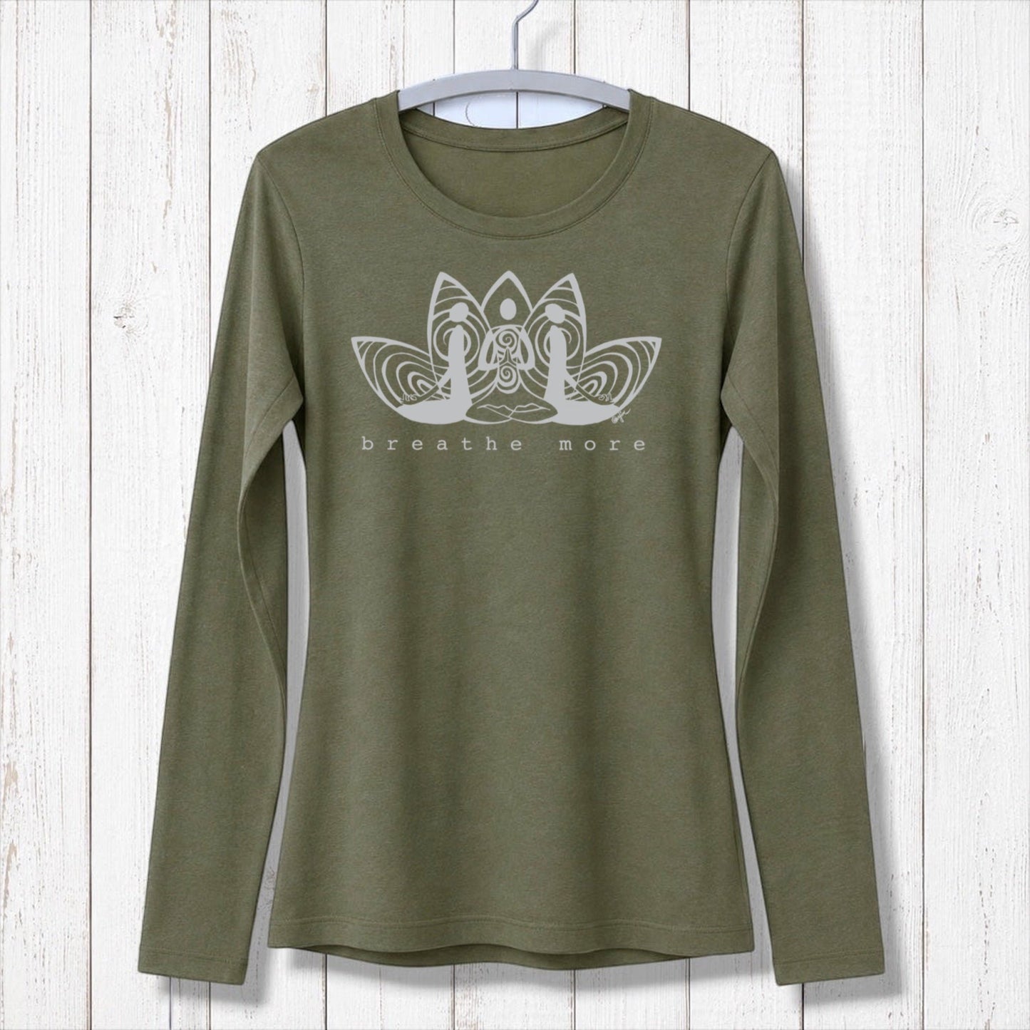 Black women's long sleeve mindfulness T-shirt in bamboo and organic cotton with 'Breathe More' lotus print. Great yoga and relaxation apparel gift.