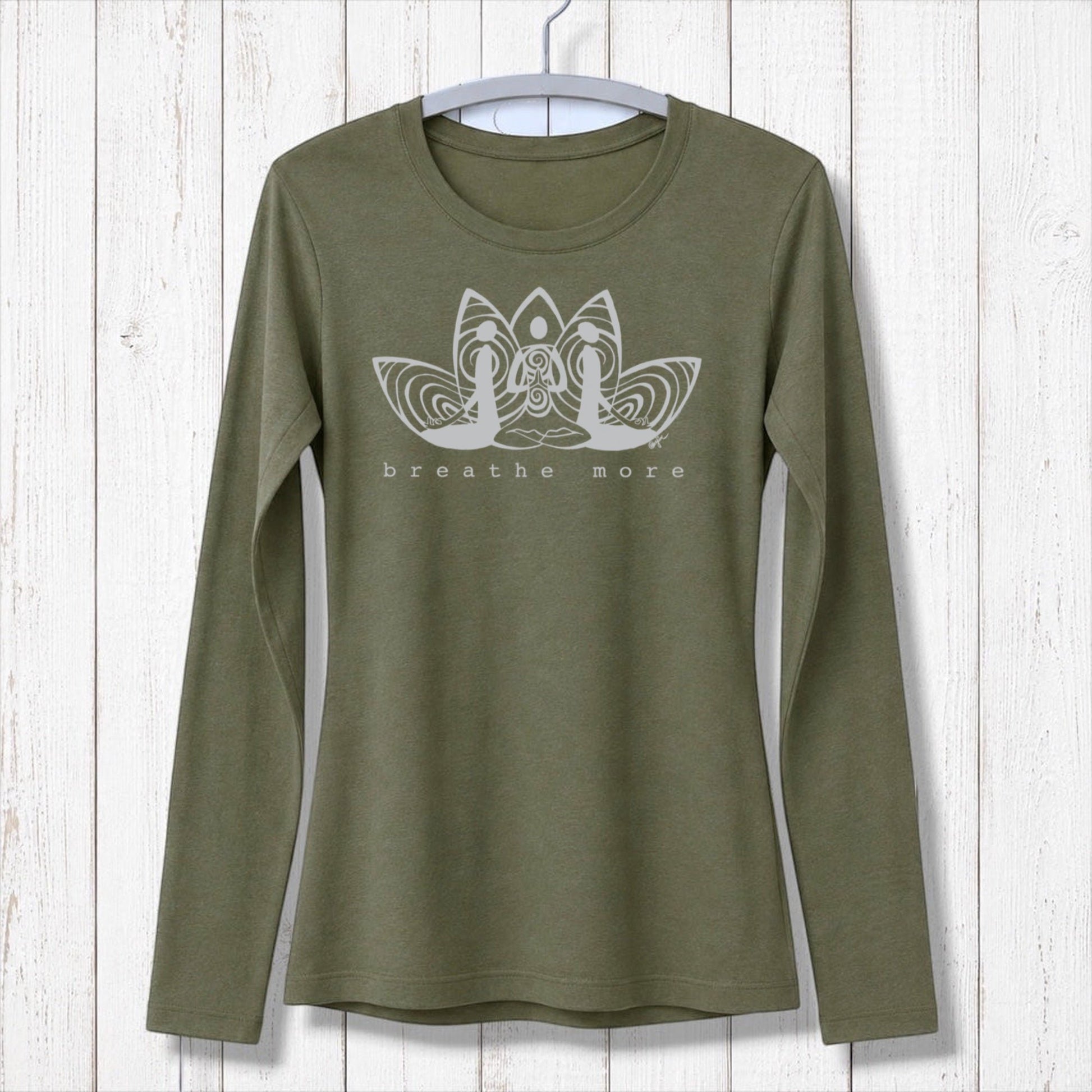 Black women's long sleeve mindfulness T-shirt in bamboo and organic cotton with 'Breathe More' lotus print. Great yoga and relaxation apparel gift.