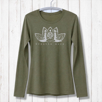 Black women's long sleeve mindfulness T-shirt in bamboo and organic cotton with 'Breathe More' lotus print. Great yoga and relaxation apparel gift.