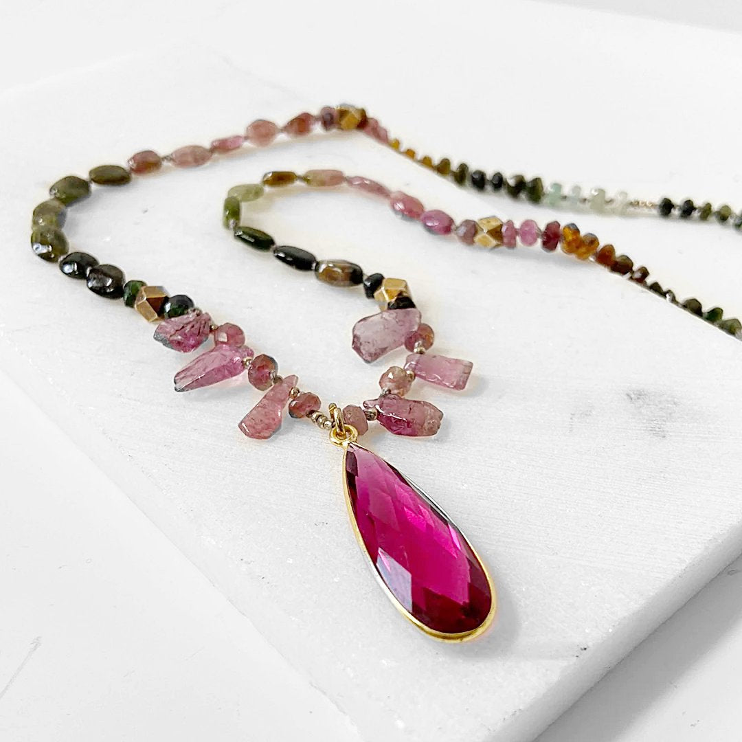 Tourmaline Necklace, Silk Necklace, Hand Knotted, Bohemian Necklace, Tourmaline Chunky Jewelry, Tourmaline Bead, Green and Pink Necklace- Uni-T Janine Gerade