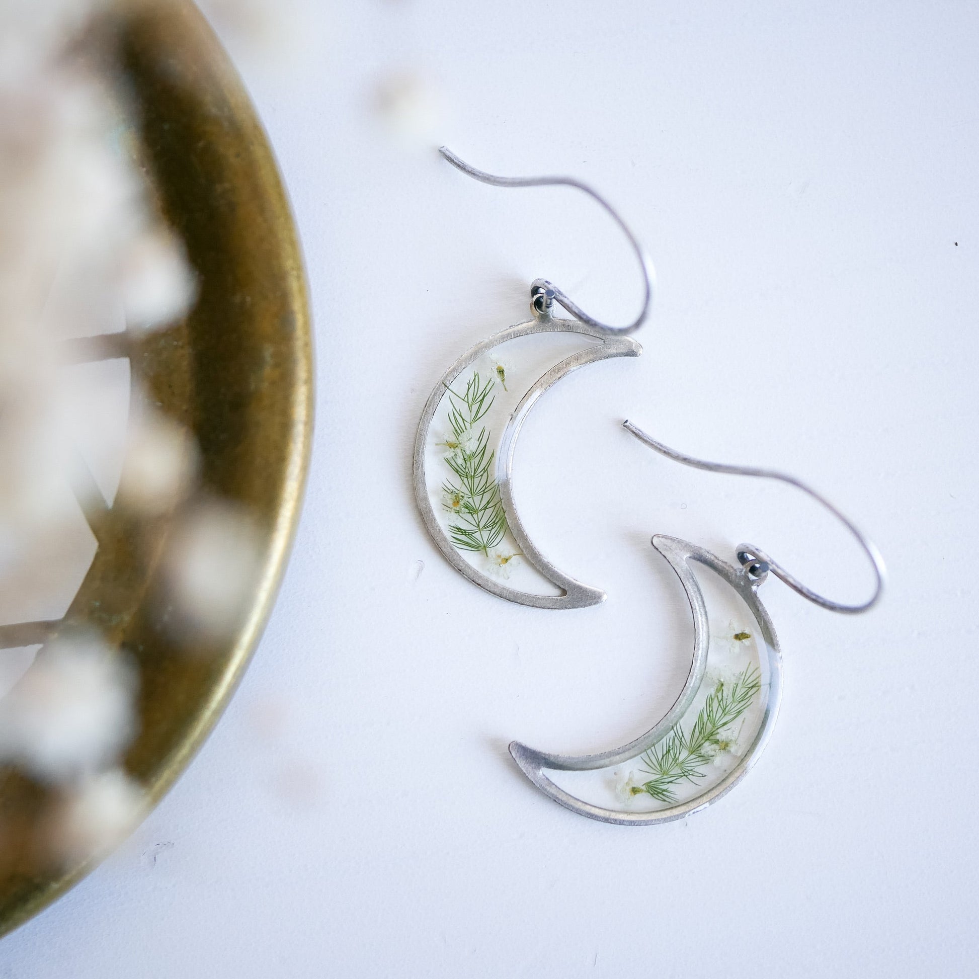 Silver Garden Flower Earrings with Queen Annes Lace and Asparagus ferns. Crescent moon design, handcrafted and nickel free for sensitive ears.