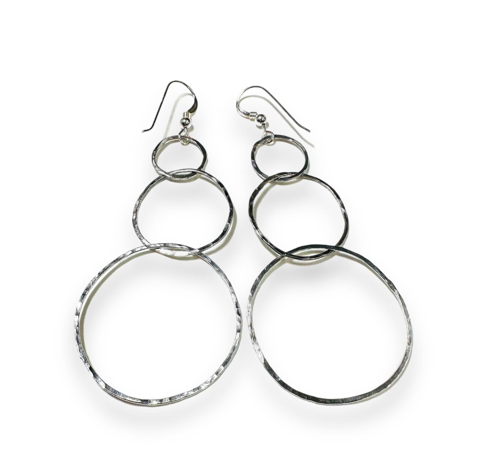 Silver hoop link earrings with hammered texture, dangle style