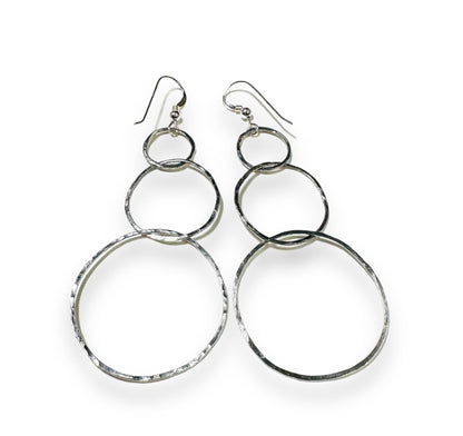 Silver hoop link earrings with hammered texture, dangle style