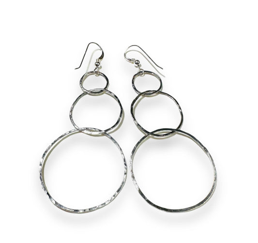 HoopLink Earrings - Silver Gold Hoop Earrings with triple hammered silver hoops linked in a cascading design. Durable and ideal for daily wear.