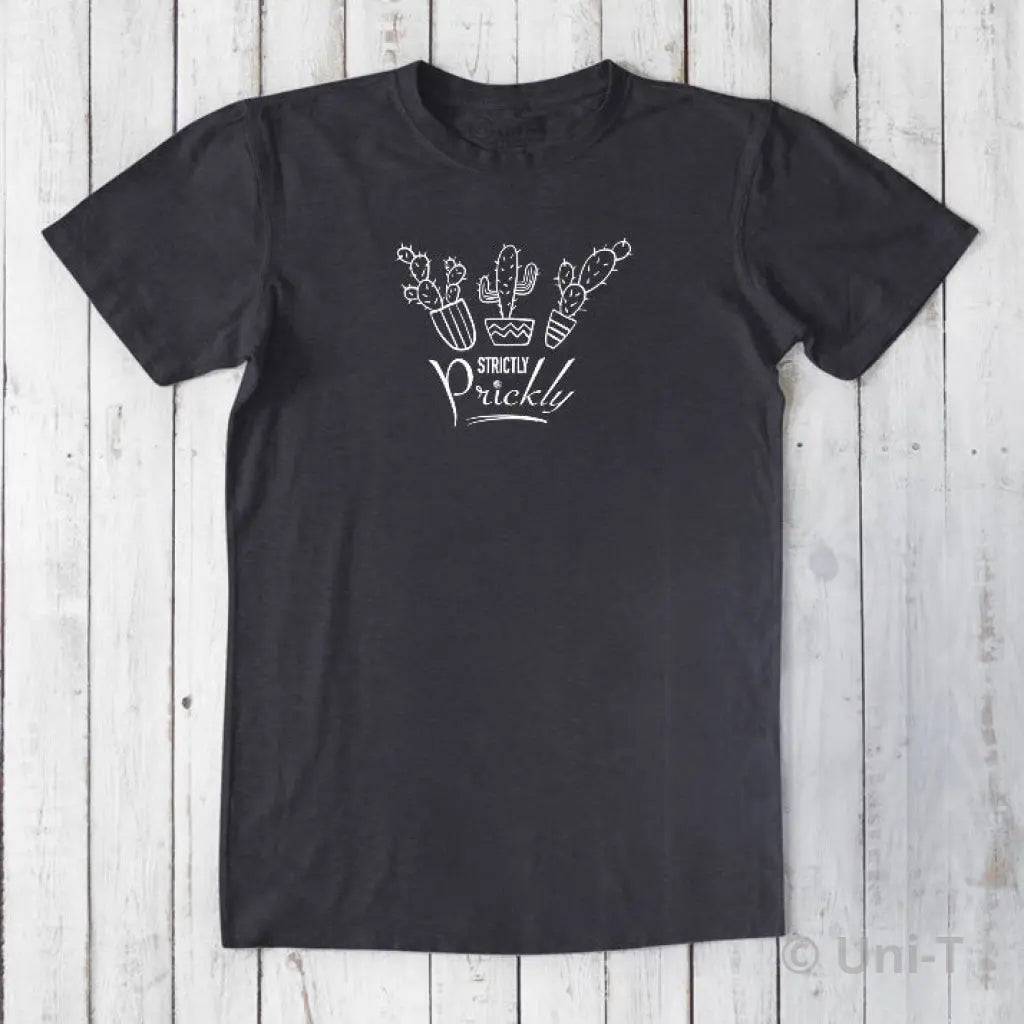 Men's cactus T-shirt in black bamboo and organic cotton with 'Strictly Prickly' graphic. Classic fit funny Southwestern tee by Uni-T.