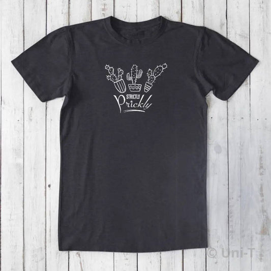 Men's cactus T-shirt in black bamboo and organic cotton with 'Strictly Prickly' graphic. Classic fit funny Southwestern tee by Uni-T.