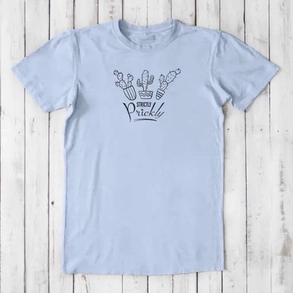 Light blue bamboo and organic cotton men's T-shirt with 'Strictly Prickly' cactus print. Eco-friendly funny tee by Uni-T.