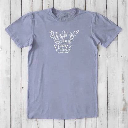 Lavender men's cactus graphic T-shirt in bamboo and organic cotton. 'Strictly Prickly' design, classic fit Southwestern tee.