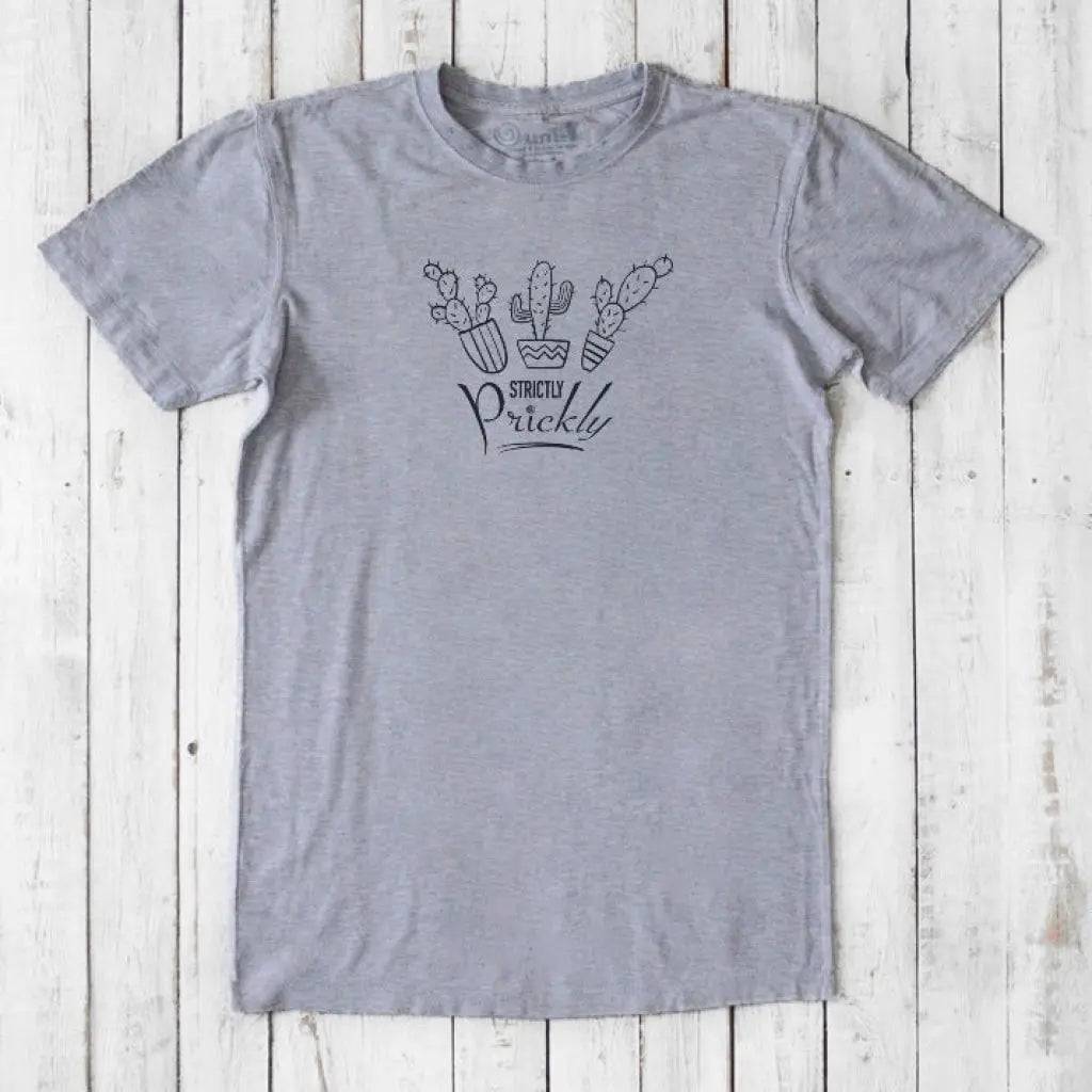 Heather gray men's T-shirt in bamboo and organic cotton with 'Strictly Prickly' cactus print. Sustainable funny gift tee by Uni-T.