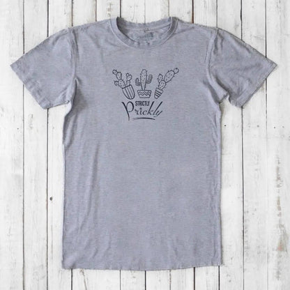 Heather gray men's T-shirt in bamboo and organic cotton with 'Strictly Prickly' cactus print. Sustainable funny gift tee by Uni-T.