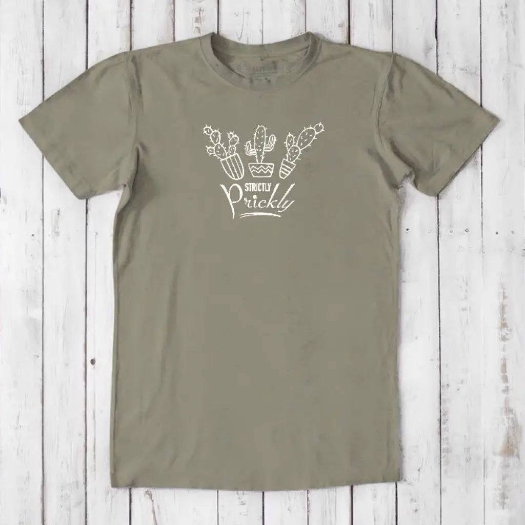 Olive green men's bamboo and organic cotton T-shirt with 'Strictly Prickly' cactus graphic. Classic fit Southwestern tee by Uni-T.