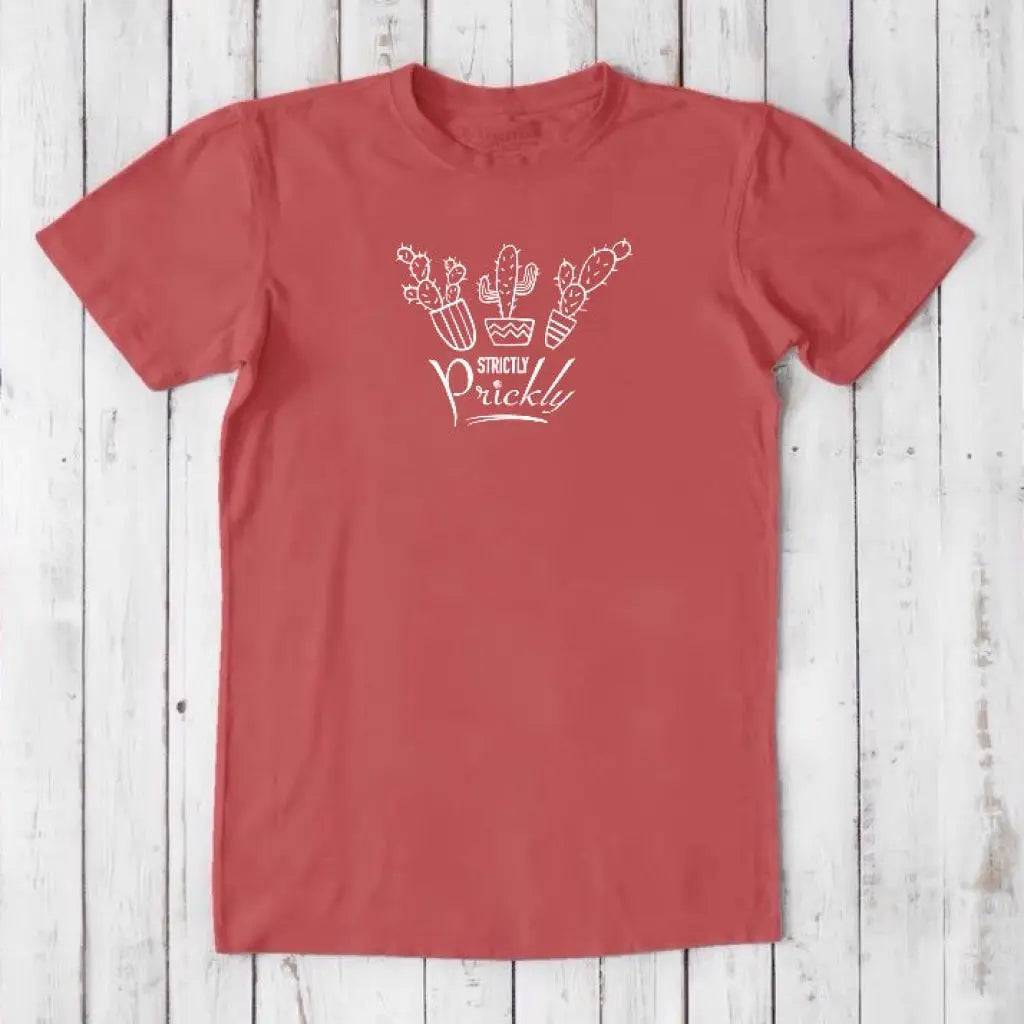 Coral red men's cactus T-shirt in bamboo and organic cotton. Features 'Strictly Prickly' graphic, ideal funny gift for him.