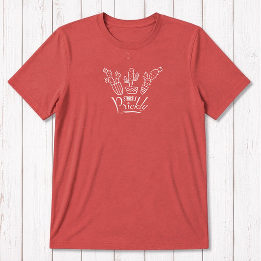Coral red men's cactus T-shirt in bamboo and organic cotton. Features 'Strictly Prickly' graphic, ideal funny gift for him.