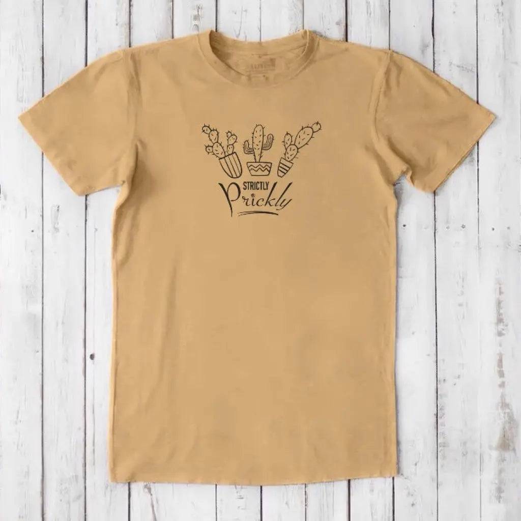 Tan men's bamboo and organic cotton T-shirt featuring 'Strictly Prickly' cactus design. Sustainable funny graphic tee by Uni-T.